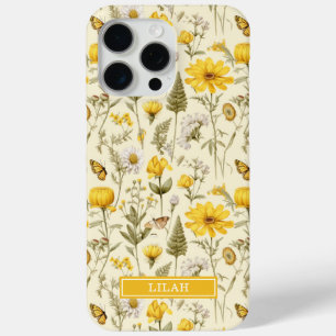 Yellow Botanical Watercolor Floral Name iPhone 15 Pro Max Case