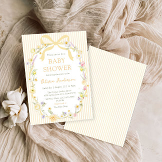 Yellow Bow Floral Stripes Baby Shower Invitation