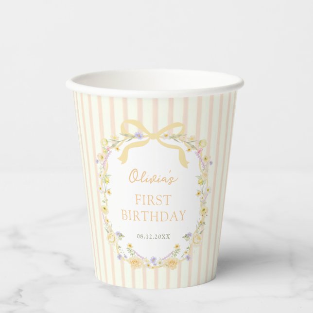 Yellow Bow Floral Stripes Birthday Paper Cups (Front)