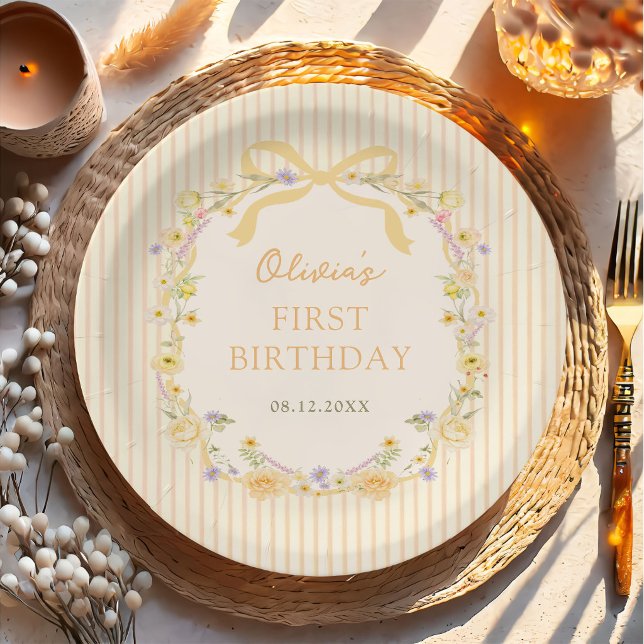 Yellow Bow Floral Stripes Birthday Paper Plates (Creator Uploaded)