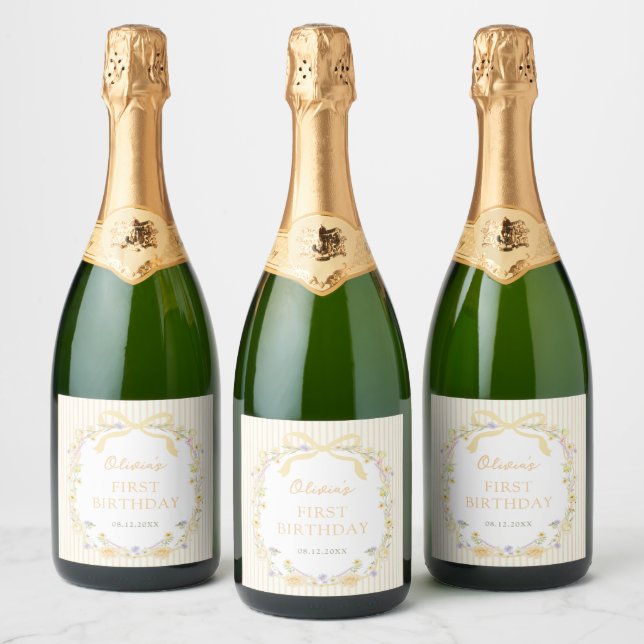 Yellow Bow Floral Stripes Birthday Sparkling Wine Label (Bottles)