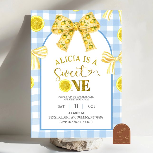 Yellow Bow Sweet 1 Lemon Blue and Yellow Birthday Invitation (Creator Uploaded)