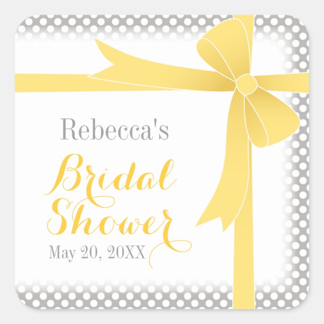Yellow Bow & White Dots Bridal Shower Square Sticker (Front)