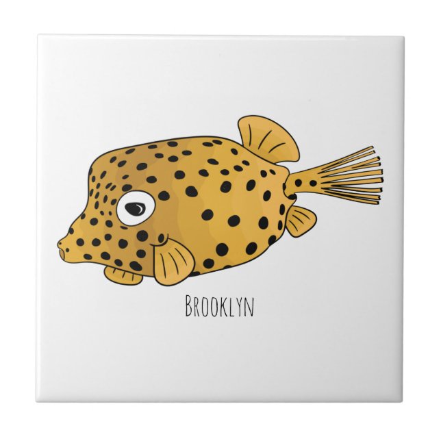 Yellow boxfish cartoon illustration ceramic tile (Front)