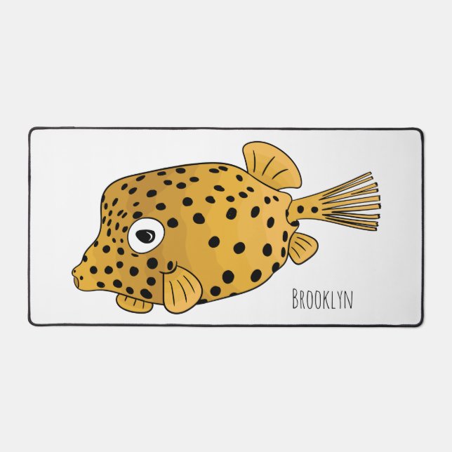 Yellow boxfish cartoon illustration desk mat (Front)