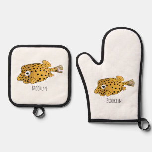 Yellow boxfish cartoon illustration oven mitt & pot holder set