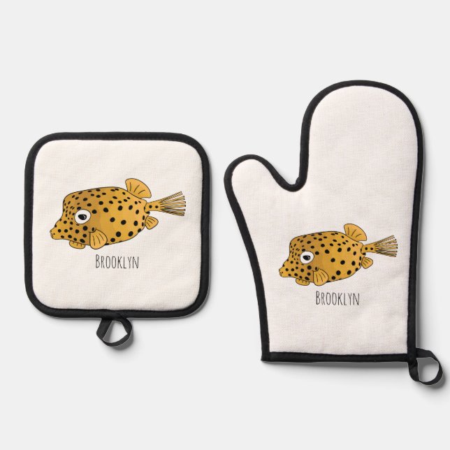 Yellow boxfish cartoon illustration oven mitt & pot holder set (Front)