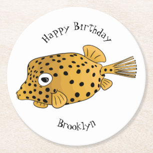 Yellow boxfish cartoon illustration round paper coaster
