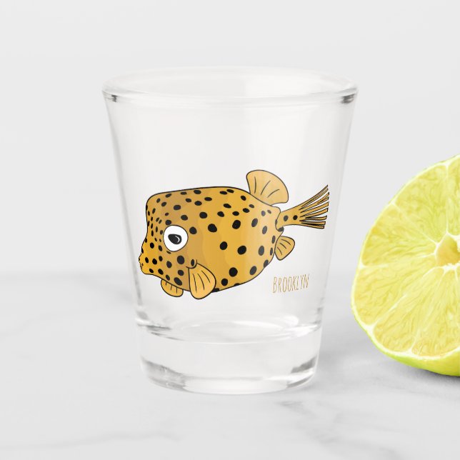 Yellow boxfish cartoon illustration  shot glass (Front)