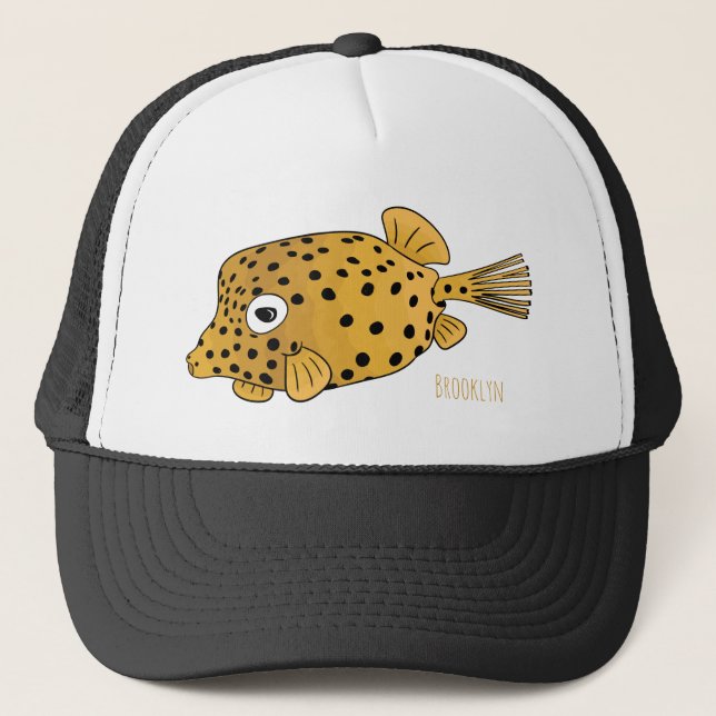 Yellow boxfish cartoon illustration trucker hat (Front)