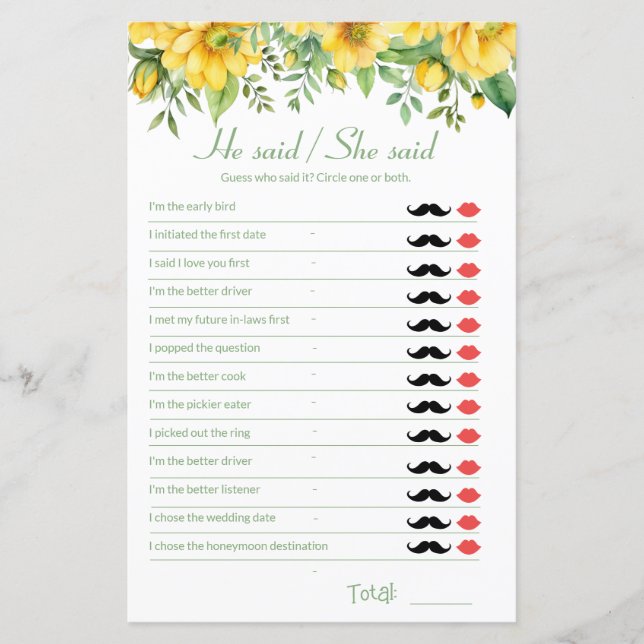 Yellow Bridal Shower Game He Said She Said (Front)