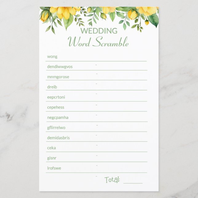 Yellow Bridal Shower Word Scramble Game (Front)
