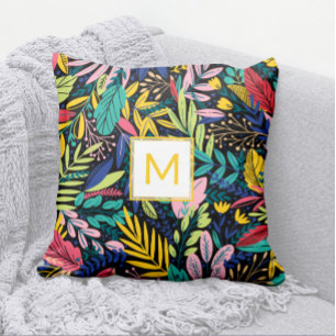 Yellow + Bright Leaves Line Art Modern Monogram  Cushion