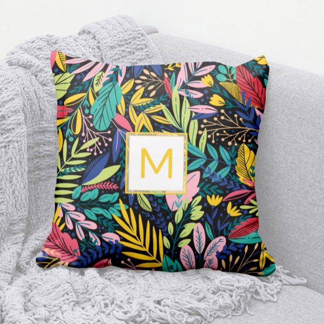 Yellow + Bright Leaves Line Art Modern Monogram  Cushion (Modern Bright and Colorful Cheery Leaves Pattern Pillow with Yellow Monogram)