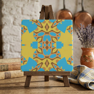 Yellow Brown and Turquoise Ethnic Boho Pattern Ceramic Tile