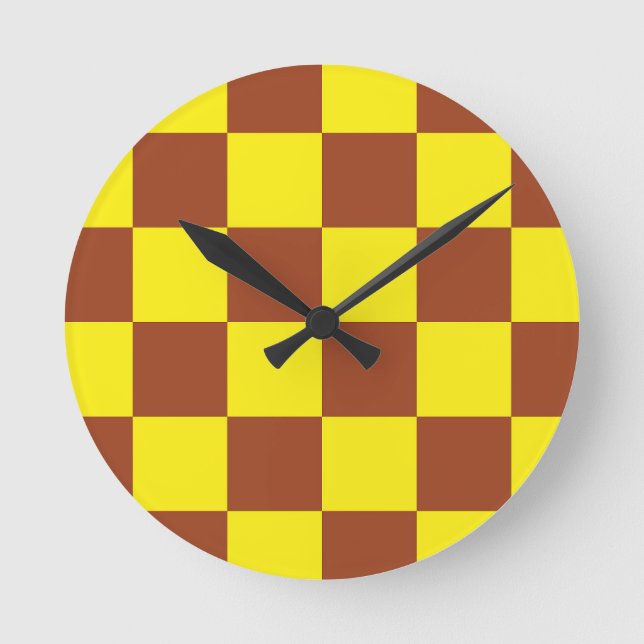 Yellow Brown Chequered Check Pattern Round Clock (Front)