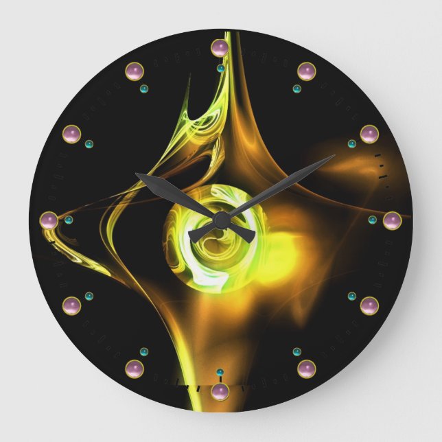 YELLOW BROWN FRACTAL ROSE IN BLACK ,PINK GEMSTONES LARGE CLOCK (Front)