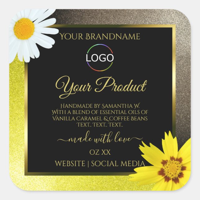 Yellow Brown Glitter Black Product Labels Add Logo (Front)