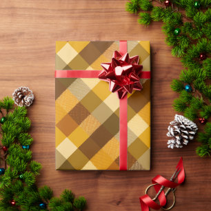 Yellow Brown Harvest Check Honey Plaid Pattern Wrapping Paper