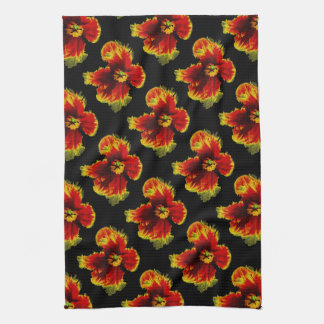 Yellow Brown on Black Flower Pattern Tea Towel