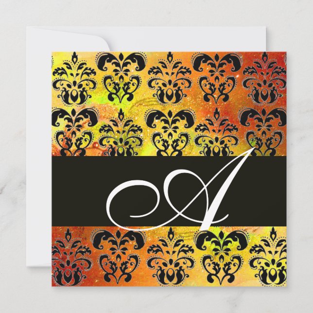 YELLOW BROWN RED  BLACK  DAMASK MONOGRAM , white Invitation (Front)