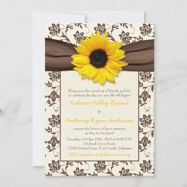 Yellow Brown Ribbon Damask Sunflower Wedding Invitation (Front)