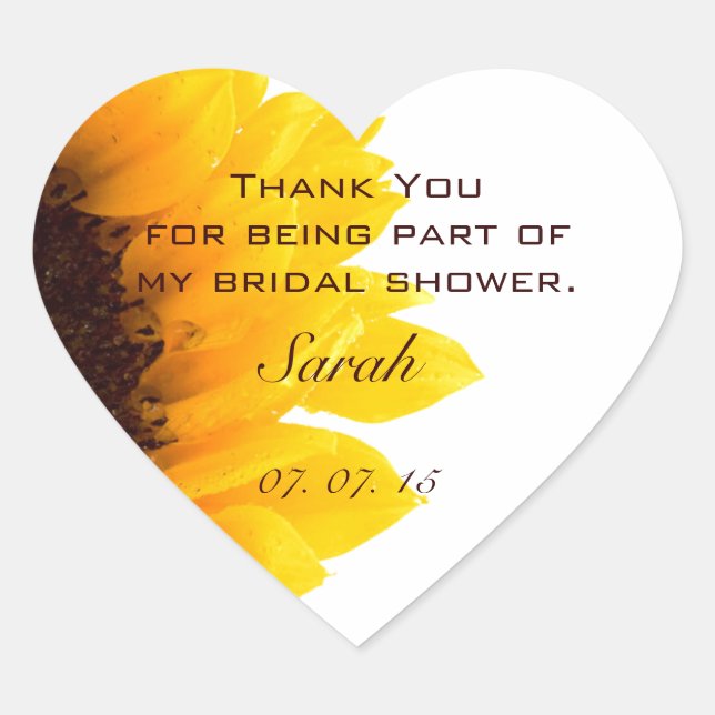 Yellow Brown Sunflower Bridal Shower Thank You Heart Sticker (Front)