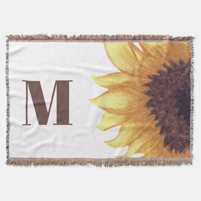 Yellow Brown Sunflower Monogram White Throw Blanket (Front)