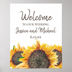 Yellow Brown Sunflower White Boho Wedding Welcome Poster