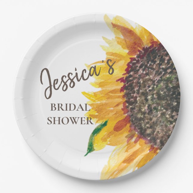 Yellow Brown Sunflower White Bridal Shower Paper Plate (Front)