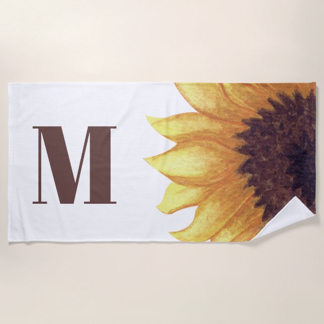 Yellow Brown Sunflower White Monogram Initial Beach Towel (Front)