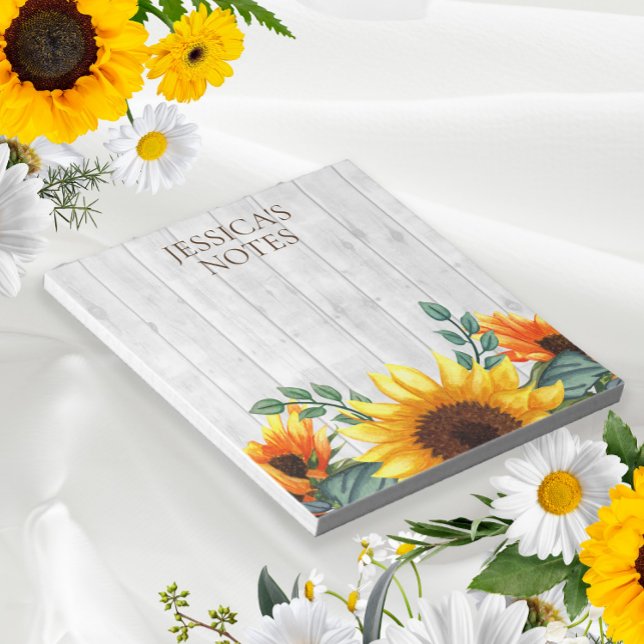 Yellow Brown Sunflower White Rustic Wood Name Notepad (Creator Uploaded)