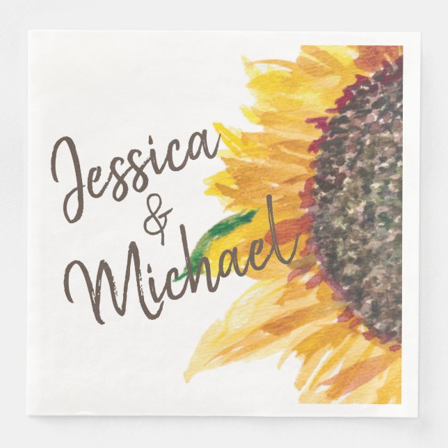 Yellow Brown Sunflower White Wedding Couple's Name Napkin (Front)