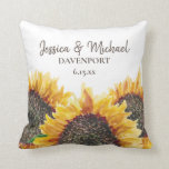 Yellow Brown Sunflowers Newlyweds Adventure Begins Cushion<br><div class="desc">Yellow and brown sunflowers on white decorator throw pillow for the newlyweds.  The front of the pillow has the bride's and groom's names and wedding date.  The back has the quote "... and so the adventure begins."  Contact us for help with customisation and matching products.</div>