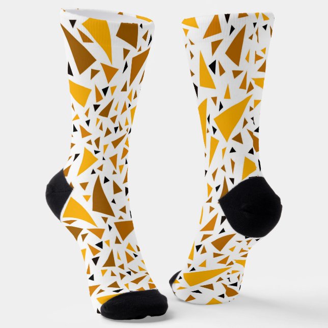 Yellow brown triangles on white retro background socks (Angled)
