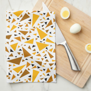 Yellow brown triangles on white retro background tea towel