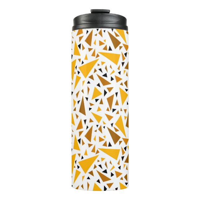 Yellow brown triangles on white retro background thermal tumbler (Front)