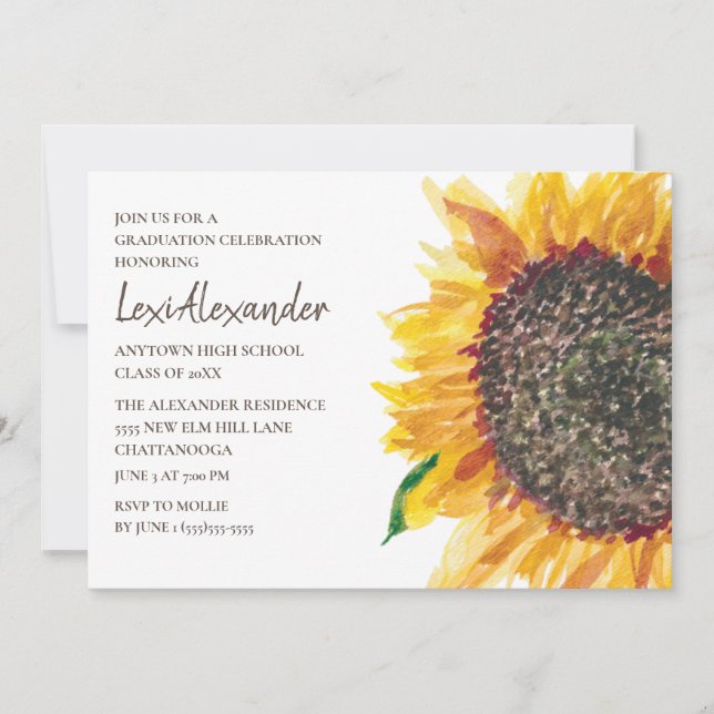 Yellow Brown Watercolor Sunflower Graduation Party Invitation (Front)