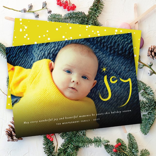Yellow Brushed Joy Calligraphy Christmas Photo Holiday Card (Creator Uploaded)