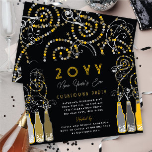 Yellow Bubbly Bottles Swirls New Year's Eve Party Invitation