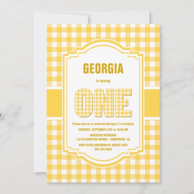 Yellow Buffalo Plaid 1st Birthday Party Invitation (Front)