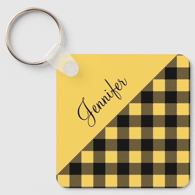 Yellow Buffalo Plaid Check Pattern Name Key Ring (Front)