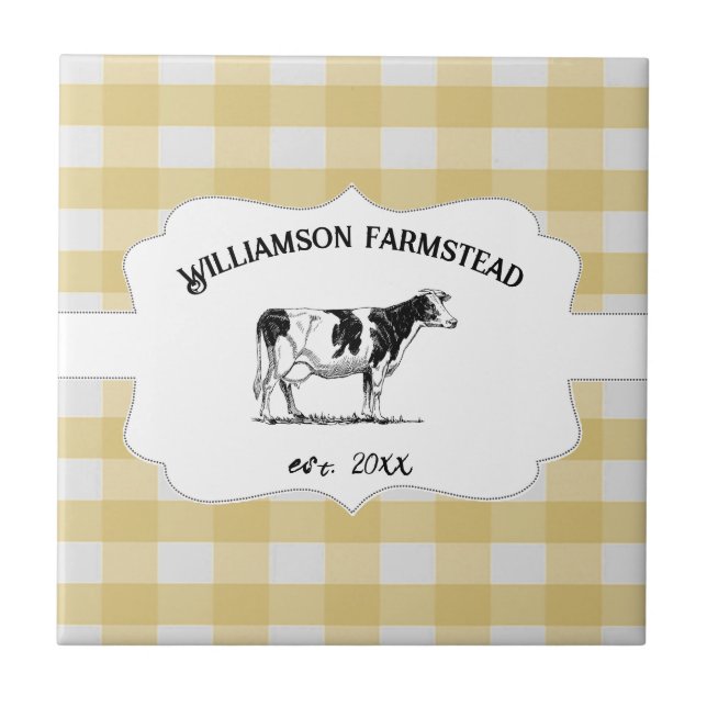 Yellow Buffalo Plaid Farm Cow Decorative Ceramic Tile (Front)