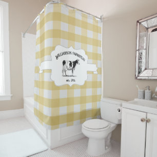 Yellow Buffalo Plaid Farm Cow Shower Curtain