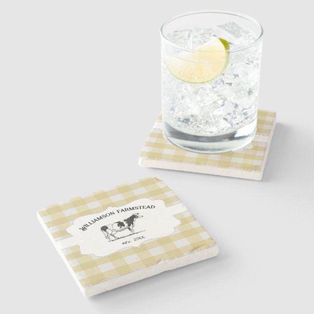 Yellow Buffalo Plaid Farm Cow Stone Coaster (Side)