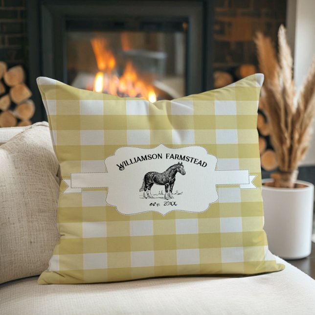 Yellow Buffalo Plaid Farm Horse Cushion (Yellow Buffalo Plaid Farm Horse Throw Pillow)