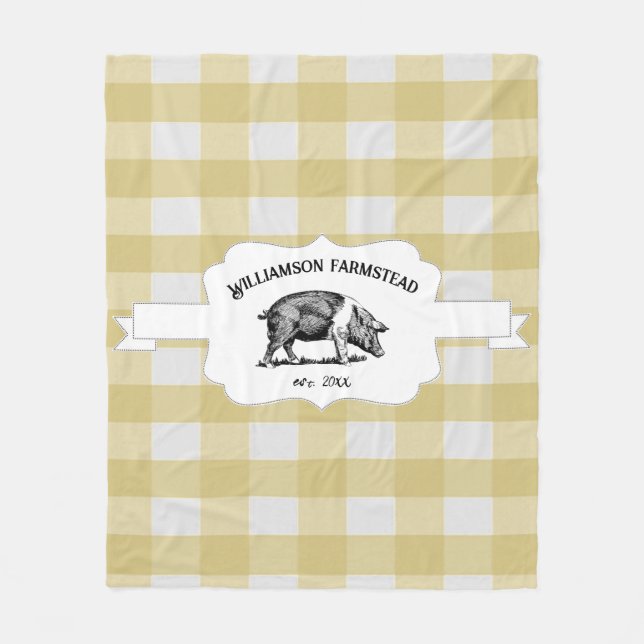Yellow Buffalo Plaid Farm Pig Fleece Blanket (Front)