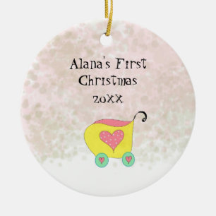 Yellow Buggy Babys First Christmas Ceramic Ornament