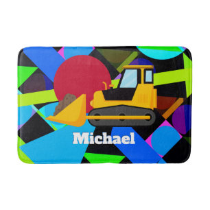Yellow Bulldozer, Colourful Geometric Shapes, Name Bath Mat