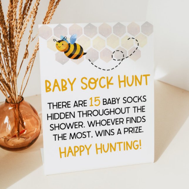 Yellow Bumble Bee Baby Shower Baby Sock Hunt Game Pedestal Sign (Creator Uploaded)